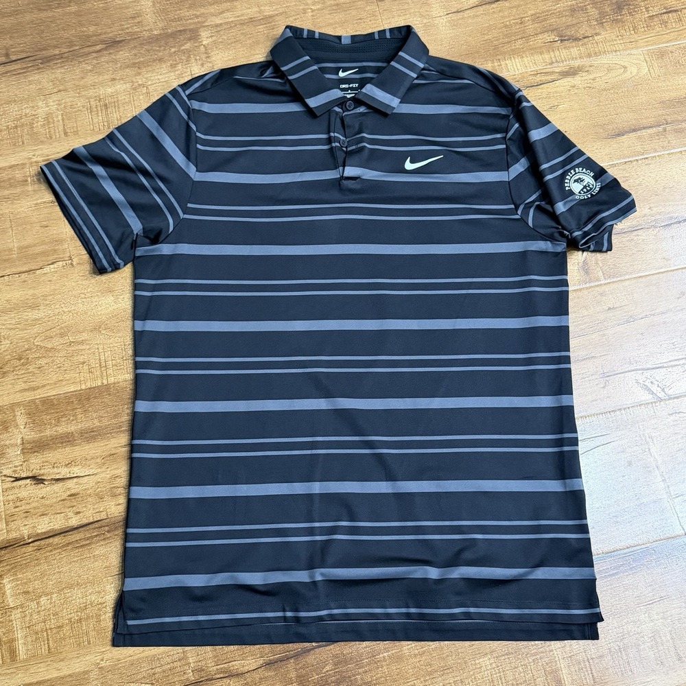 Nike Mens Shirt Dri-Fit Tour Golf Polo Sz L Black Strip Pebble Beach Golf Links
